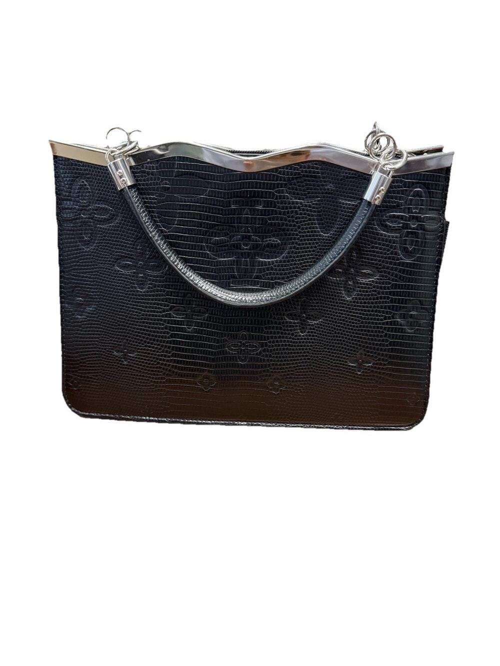 Crossi Black Embossed Faux Leather Handbag Silver Wavy Top Handle Satchel